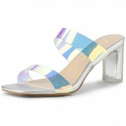Allegra K Women's Clear Colorful Straps Chunky Heel Slides Sandals