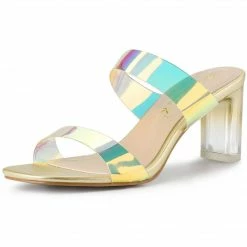 Allegra K Women's Clear Colorful Straps Chunky Heel Slides Sandals