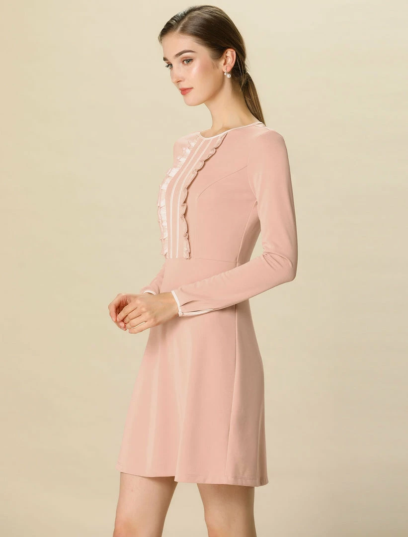 Allegra K Ruffles Contrast Piped Long Sleeves Dress Women 7 Allegra K Ruffles Contrast Piped Long Sleeves Dress Women