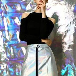 Women Allegra K Metallic Mini Skirt With Zipper Front