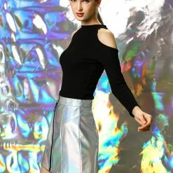 Women Allegra K Metallic Mini Skirt With Zipper Front