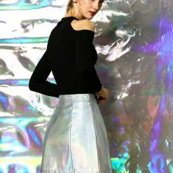 Women Allegra K Metallic Mini Skirt With Zipper Front