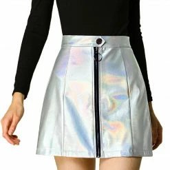 Women Allegra K Metallic Mini Skirt With Zipper Front