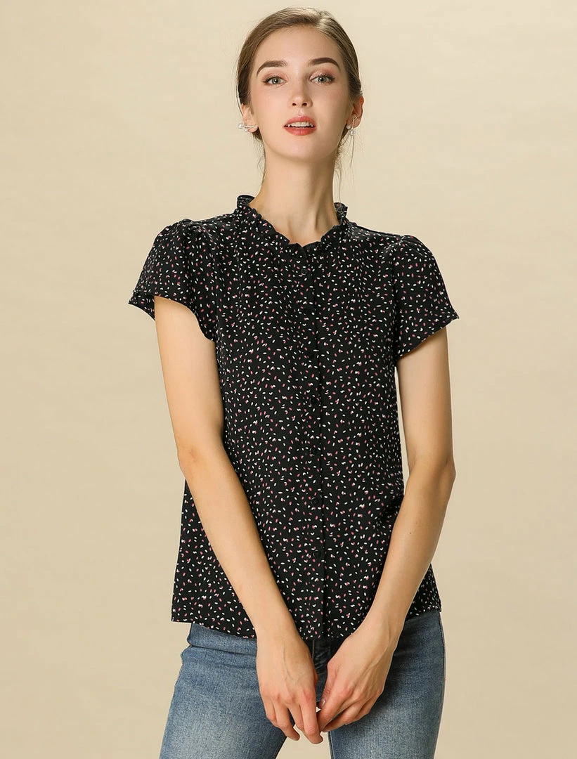 Women Allegra K Dot Print Ruffle Sleeve Button Up Top 24 Women Allegra K Dot Print Ruffle Sleeve Button Up Top