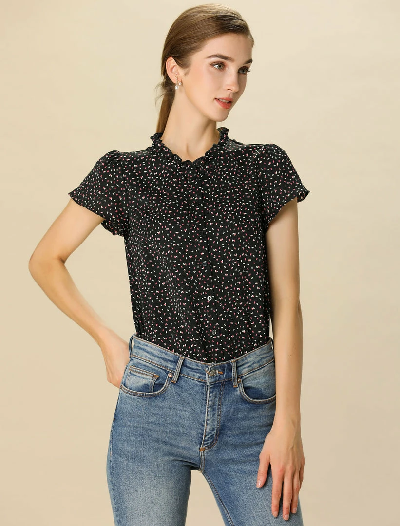 Women Allegra K Dot Print Ruffle Sleeve Button Up Top 25 Women Allegra K Dot Print Ruffle Sleeve Button Up Top