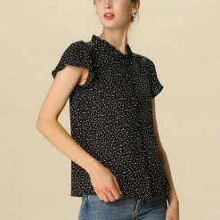 Women Allegra K Dot Print Ruffle Sleeve Button Up Top 68 Women Allegra K Dot Print Ruffle Sleeve Button Up Top