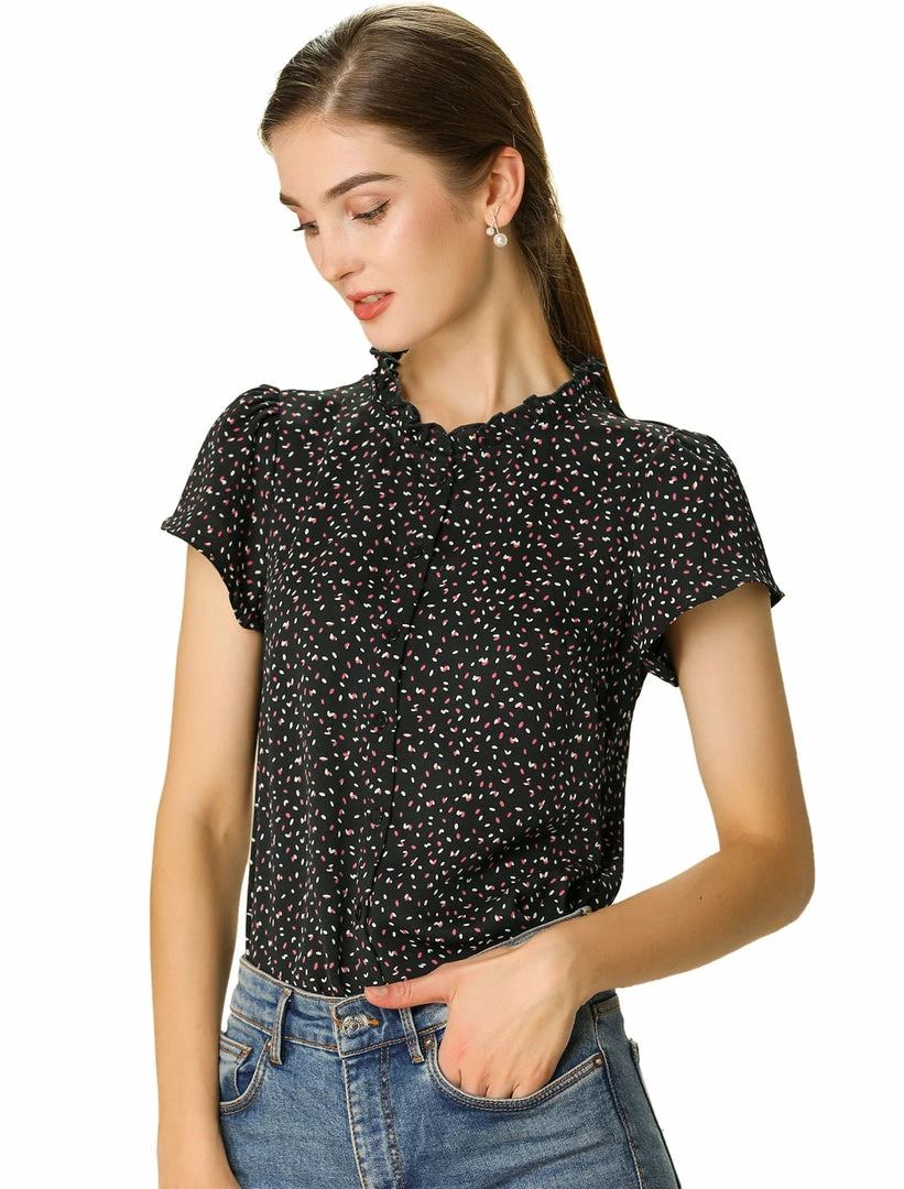 Women Allegra K Dot Print Ruffle Sleeve Button Up Top 22 Women Allegra K Dot Print Ruffle Sleeve Button Up Top