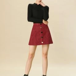 Allegra K Women's Houndstooth Plaids Heart Button Decor High Waist A-Line Mini Skirt