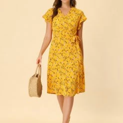 Allegra K Women's Floral Ruffle Trim Cuff V Neck Self Belt Midi Wrap Dress 35 Allegra K Women's Floral Ruffle Trim Cuff V Neck Self Belt Midi Wrap Dress