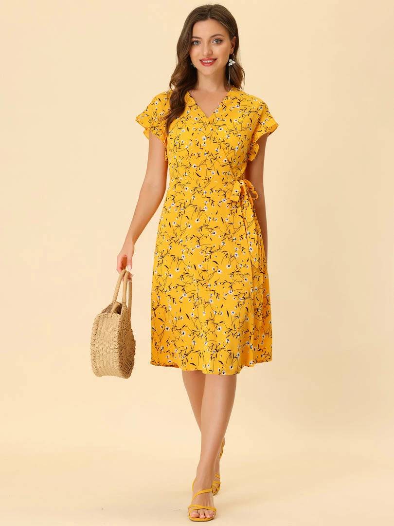 Allegra K Women's Floral Ruffle Trim Cuff V Neck Self Belt Midi Wrap Dress 18 Allegra K Women's Floral Ruffle Trim Cuff V Neck Self Belt Midi Wrap Dress