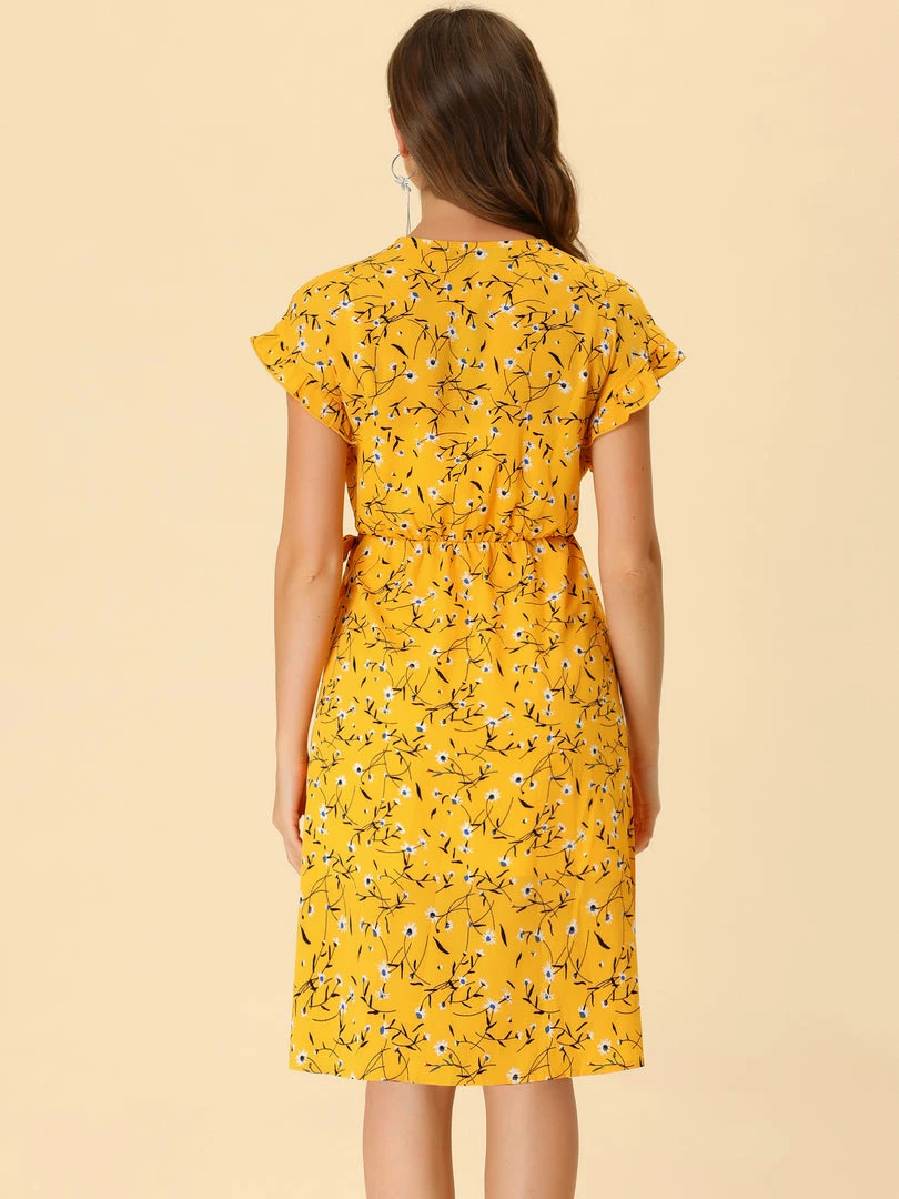 Allegra K Women's Floral Ruffle Trim Cuff V Neck Self Belt Midi Wrap Dress 19 Allegra K Women's Floral Ruffle Trim Cuff V Neck Self Belt Midi Wrap Dress