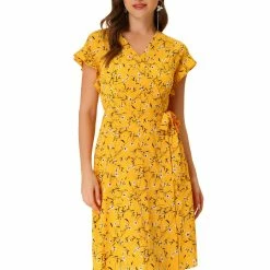 Allegra K Women's Floral Ruffle Trim Cuff V Neck Self Belt Midi Wrap Dress 33 Allegra K Women's Floral Ruffle Trim Cuff V Neck Self Belt Midi Wrap Dress
