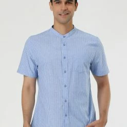 Allegra K HZ160507 Men Stripe Collarless Short Sleeves Button Up Shirt With Pocket 47 Allegra K HZ160507 Men Stripe Collarless Short Sleeves Button Up Shirt With Pocket