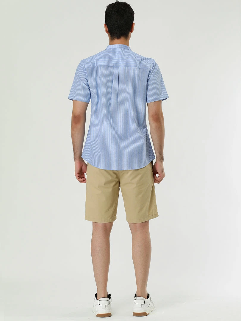 Allegra K HZ160507 Men Stripe Collarless Short Sleeves Button Up Shirt With Pocket 25 Allegra K HZ160507 Men Stripe Collarless Short Sleeves Button Up Shirt With Pocket
