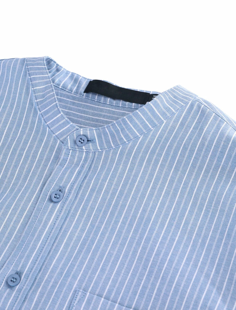 Allegra K HZ160507 Men Stripe Collarless Short Sleeves Button Up Shirt With Pocket 27 Allegra K HZ160507 Men Stripe Collarless Short Sleeves Button Up Shirt With Pocket