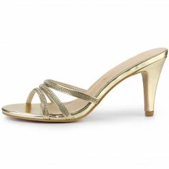 Allegra K Shoes Women's Rhinestone Strappy Heel Mules