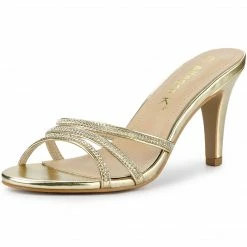 Allegra K Shoes Women's Rhinestone Strappy Heel Mules