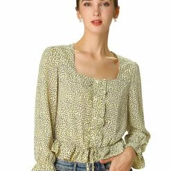 Allegra K Women Square Neck Elastic Ruffle Tops In Polka Dot
