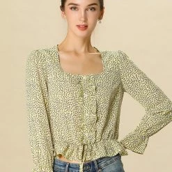 Allegra K Women Square Neck Elastic Ruffle Tops In Polka Dot