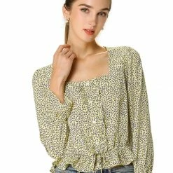 Allegra K Women Square Neck Elastic Ruffle Tops In Polka Dot