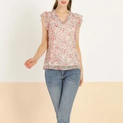 Allegra K Women's Ruffle Tops Casual V Neck Cap Sleeves Floral Blouse
