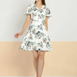 Allegra K Women's Floral Print Casual V-Neck Short Sleeves A-Line Flare Dress 12 Allegra K Women's Floral Print Casual V-Neck Short Sleeves A-Line Flare Dress