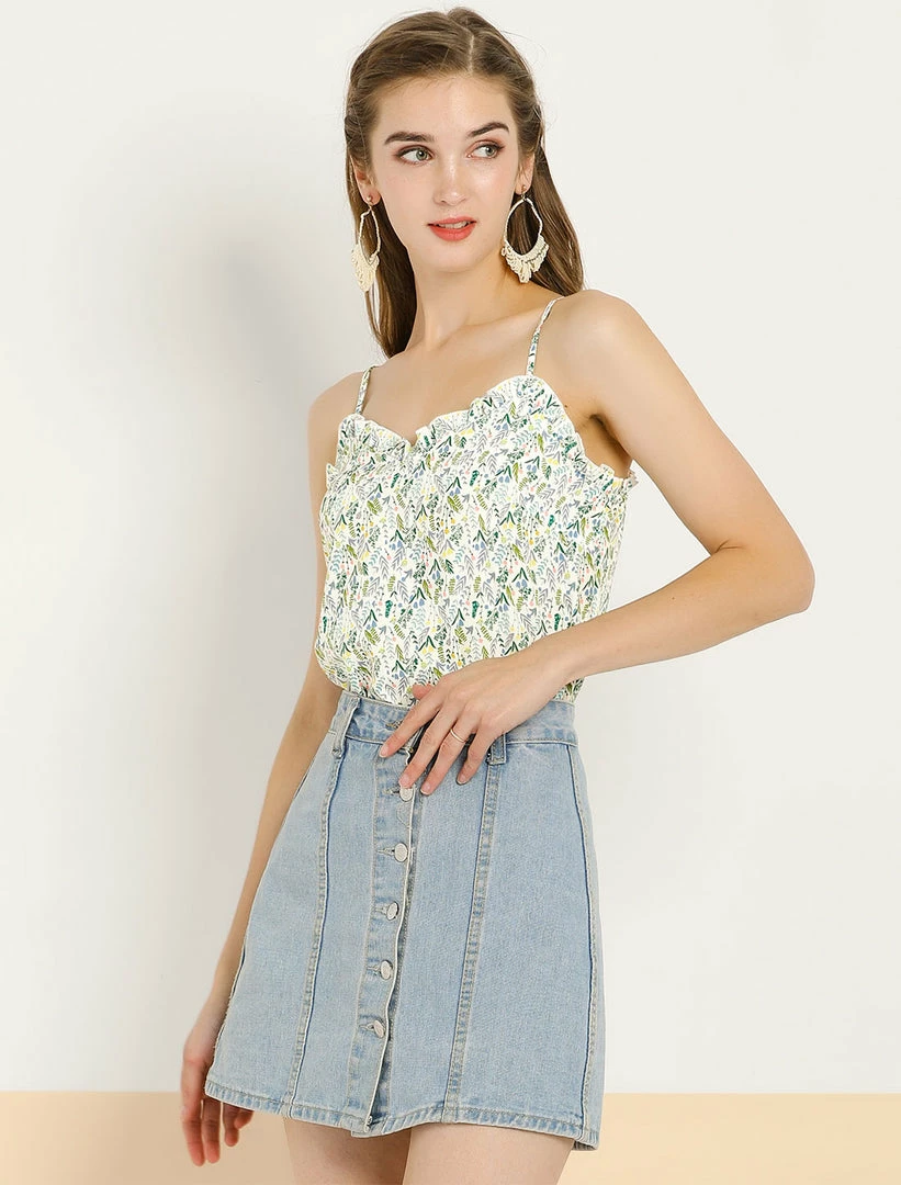 Allegra K Women's Ditsy Floral Print Tops Sleeveless Spaghetti Strap Casual Ruffle Neck Cami Blouse 6 Allegra K Women's Ditsy Floral Print Tops Sleeveless Spaghetti Strap Casual Ruffle Neck Cami Blouse