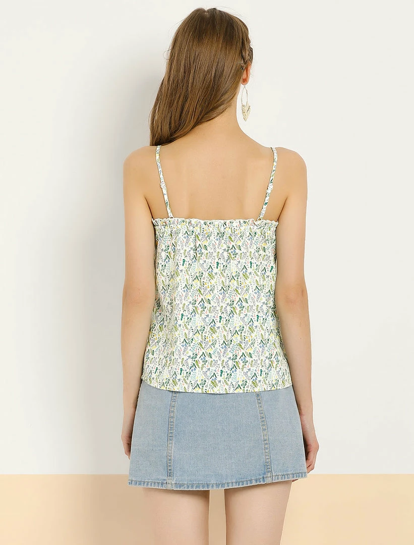 Allegra K Women's Ditsy Floral Print Tops Sleeveless Spaghetti Strap Casual Ruffle Neck Cami Blouse 8 Allegra K Women's Ditsy Floral Print Tops Sleeveless Spaghetti Strap Casual Ruffle Neck Cami Blouse