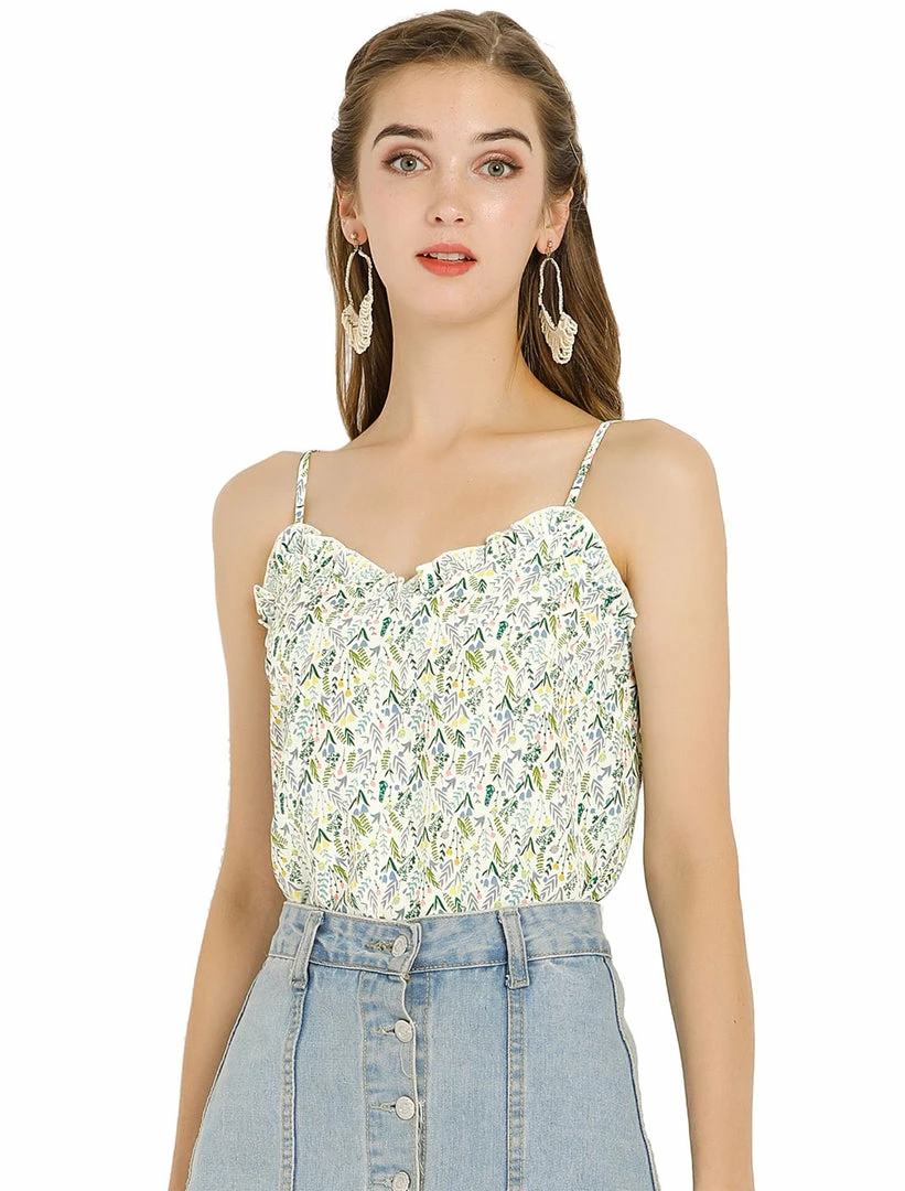 Allegra K Women's Ditsy Floral Print Tops Sleeveless Spaghetti Strap Casual Ruffle Neck Cami Blouse 4 Allegra K Women's Ditsy Floral Print Tops Sleeveless Spaghetti Strap Casual Ruffle Neck Cami Blouse