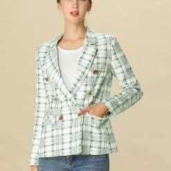 Allegra K Women's Notched Lapel Double Breasted Plaid Formal Blazer Jackets 41 Allegra K Women's Notched Lapel Double Breasted Plaid Formal Blazer Jackets