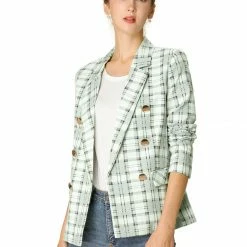 Allegra K Women's Notched Lapel Double Breasted Plaid Formal Blazer Jackets 40 Allegra K Women's Notched Lapel Double Breasted Plaid Formal Blazer Jackets