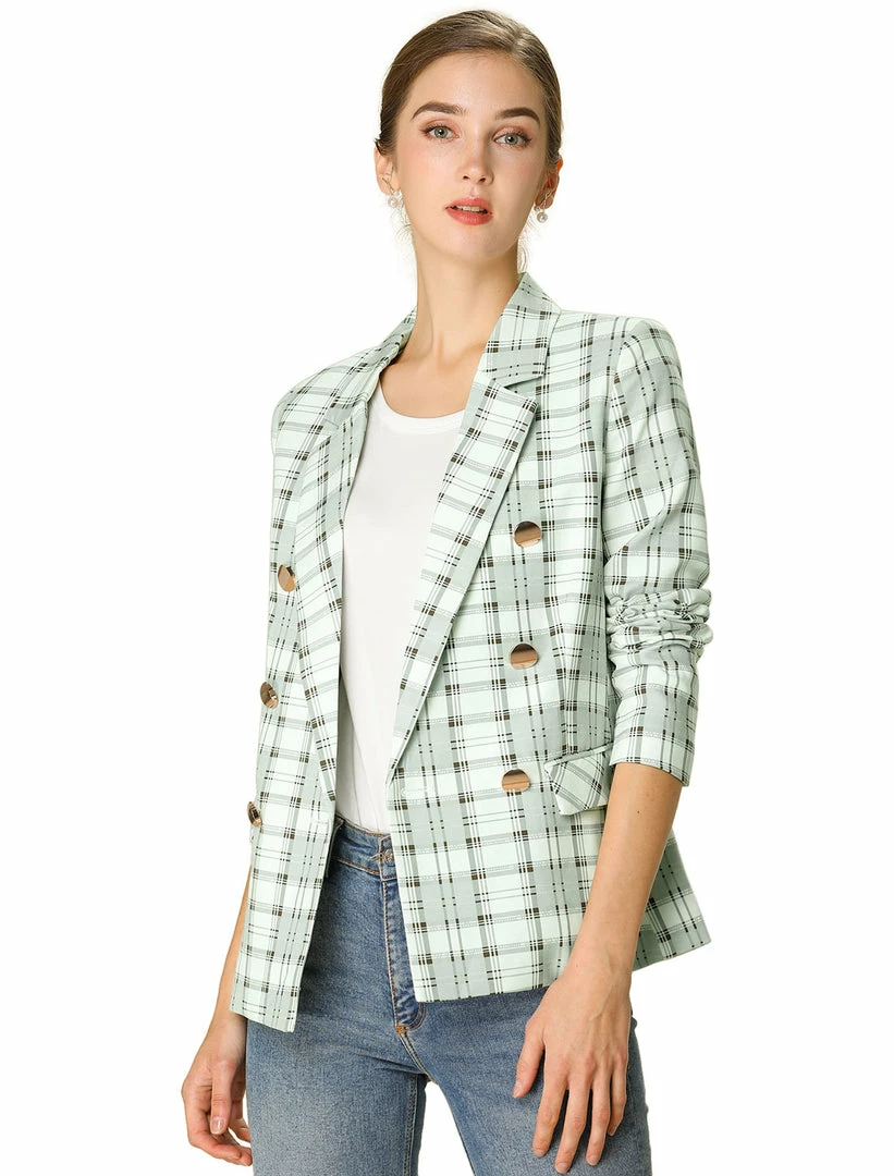 Allegra K Women's Notched Lapel Double Breasted Plaid Formal Blazer Jackets 10 Allegra K Women's Notched Lapel Double Breasted Plaid Formal Blazer Jackets