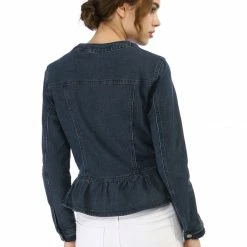 Allegra K Round Collar Peplum Denim Jacket