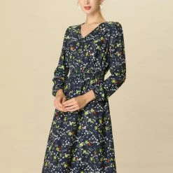 Women Allegra K Floral Print Flowy V-Neck Midi Dress
