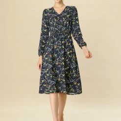 Women Allegra K Floral Print Flowy V-Neck Midi Dress