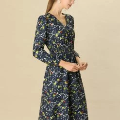 Women Allegra K Floral Print Flowy V-Neck Midi Dress