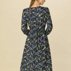 Women Allegra K Floral Print Flowy V-Neck Midi Dress