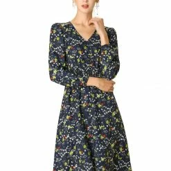 Women Allegra K Floral Print Flowy V-Neck Midi Dress