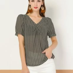 Allegra K Women's Chiffon Short Sleeve Tops Blouses Ruffle Dog Printed Tee Shirts