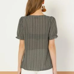 Allegra K Women's Chiffon Short Sleeve Tops Blouses Ruffle Dog Printed Tee Shirts