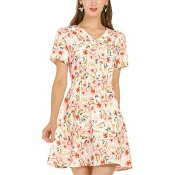 Allegra K Women's Floral Print A-Line Dresses Short Sleeve V Neck Above Knee Skater Dress