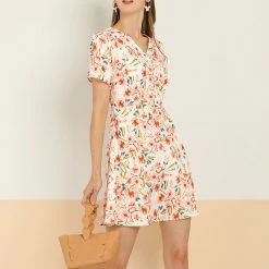 Allegra K Women's Floral Print A-Line Dresses Short Sleeve V Neck Above Knee Skater Dress