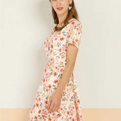 Allegra K Women's Floral Print A-Line Dresses Short Sleeve V Neck Above Knee Skater Dress