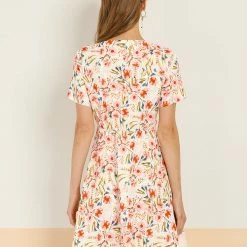 Allegra K Women's Floral Print A-Line Dresses Short Sleeve V Neck Above Knee Skater Dress