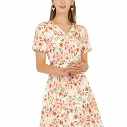 Allegra K Women's Floral Print A-Line Dresses Short Sleeve V Neck Above Knee Skater Dress