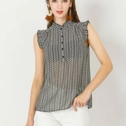 Allegra K Women's Summer Floral Print Top Button Up Ruffle Sleeveless Blouse 11 Allegra K Women's Summer Floral Print Top Button Up Ruffle Sleeveless Blouse