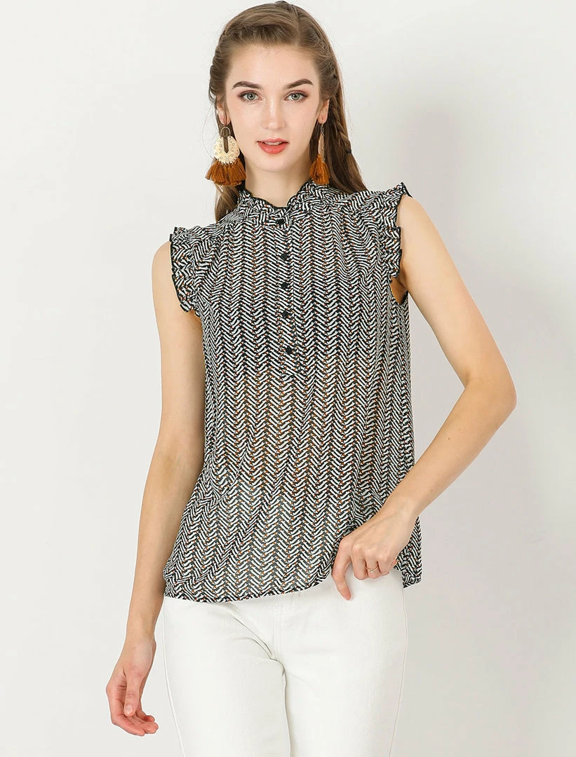 Allegra K Women's Summer Floral Print Top Button Up Ruffle Sleeveless Blouse 5 Allegra K Women's Summer Floral Print Top Button Up Ruffle Sleeveless Blouse