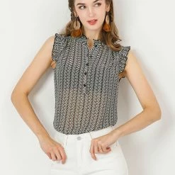 Allegra K Women's Summer Floral Print Top Button Up Ruffle Sleeveless Blouse 12 Allegra K Women's Summer Floral Print Top Button Up Ruffle Sleeveless Blouse