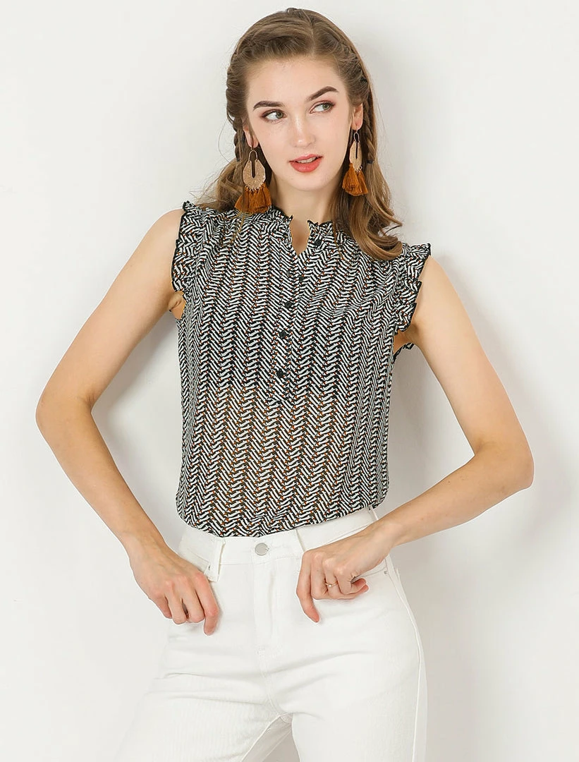 Allegra K Women's Summer Floral Print Top Button Up Ruffle Sleeveless Blouse 6 Allegra K Women's Summer Floral Print Top Button Up Ruffle Sleeveless Blouse