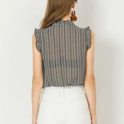 Allegra K Women's Summer Floral Print Top Button Up Ruffle Sleeveless Blouse 14 Allegra K Women's Summer Floral Print Top Button Up Ruffle Sleeveless Blouse